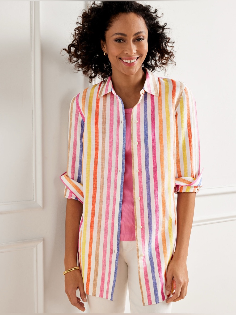 Talbots Multicolored Linen Everyday Rockport Striped Boyfriend Shirt XL Bright